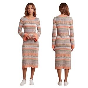 Sadie & Sage Orange Multi Stripe Crochet Midi Dress Bell Sleeve XL NEW